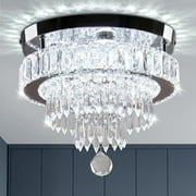 11.8" Modern LED Crystal Chandelier - Flush Mount Ceiling Light Fixture with K9 Crystals, Steel Frame for Bedroom Dining Hallway Lighting, Energy-Efficient Cool White 6000K Crystal Chandeliers