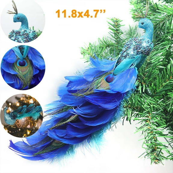 11.8'' Peacock Christmas Tree Ornaments Feather Peacock Christmas Decorations Glitter Bird Clip on Ornament for Xmas Tree Decor