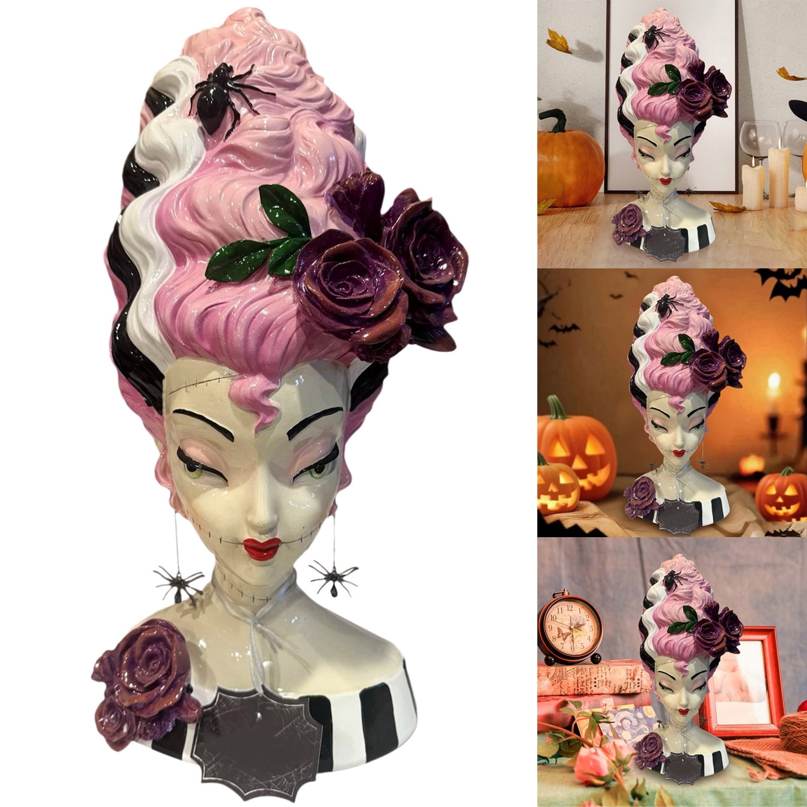 11.8" Pink Haired Monster Bride Bust - Vintage Halloween Decor, Gothic ...