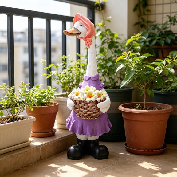 11.8" Porch Goose Statue with Accessories, Hollow Plastic Garden Decor, Adjustable Neck, Sand-Fillable Base with Straw Hat & Sunflower – Outdoor Decorations for Yard, Lawn Decor(Purple)