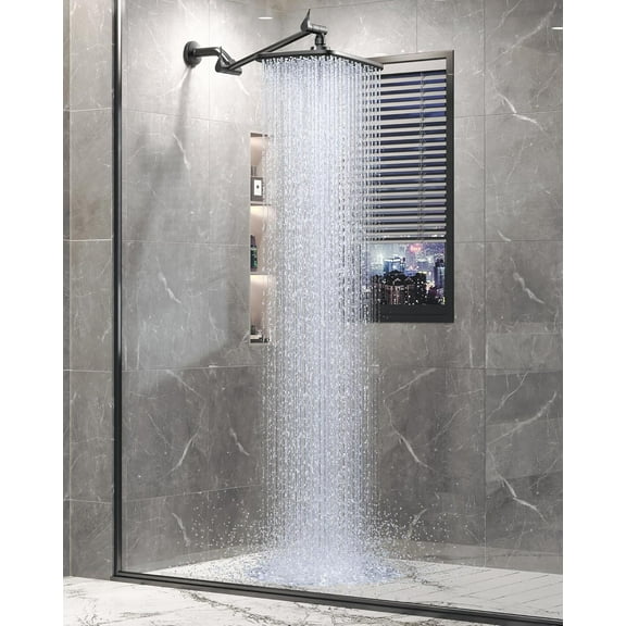 11.8" Rain Shower Head, Rectangular Rainfall Showerhead with 11" Stainless Steel Exension Arm, Height & Angle Decor Adjustable, High Flow Showheads, Bathroom Accessories, 2.5GPM Matte Black