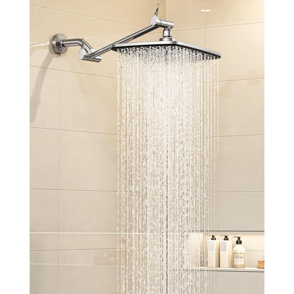 11.8" Rain Shower Head, Rectangular Rainfall Showerhead with 11" Stainless Steel Exension Arm, Height & Angle Decor Adjustable, High Pressure Shower Heads, Bathroom Accessories, Chrome