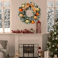 thumbnail image 1 of ​​11.8 in Snow-Covered Christmas Wreath with Orange & Gold Ornaments and "Merry Christmas" Ribbon for Front Door, Wall, and Fireplace Holiday Decor(A), 1 of 6