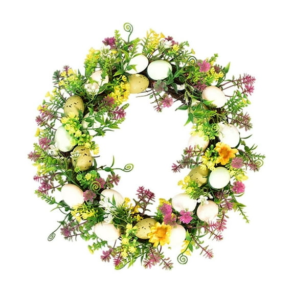 11.8" Spring Wreath Easter Wreath with Flowers, Eggs, Green Leaves and Twine, Hanging on Home Indoor Outdoor Front Door Wall Decorations