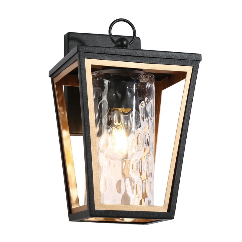 LNC Matte Black and Gold Outdoor Wall Light with Ripple Glass