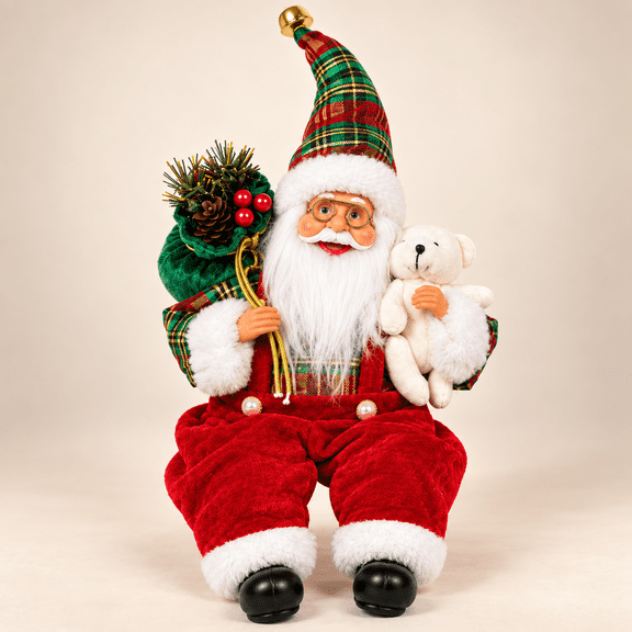 11.8 in Sitting Santa Claus Figurine with Teddy Bear and Pinecone Sack, Christmas Tabletop Shelf Holiday Decor