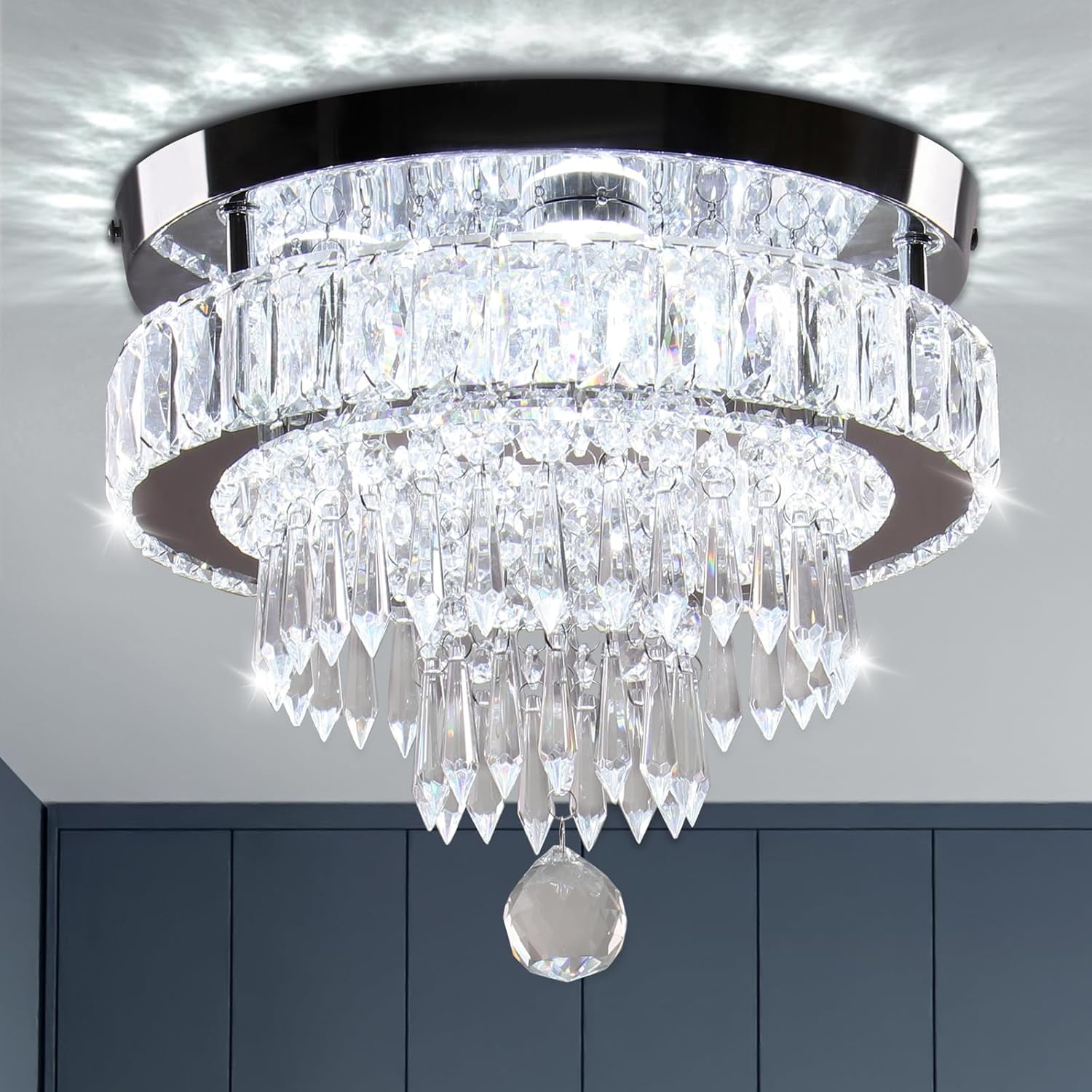 11.8 inch Crystal Chandeliers Modern Crystal Ceiling Light LED Chandeliers Semi Flush Mount Chandelier Light for Bedrooms Dining Living Room Hallway (6500K Cool White Light)