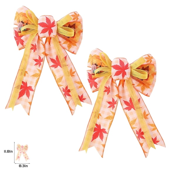 2Pcs 11.8 inch Large Fall Bows for Wreath, Thanksgiving Pumpkin Wreath Bows Orange Stripe Maple Leaf Bows for Front Door, Farmhouse Ornament Burlap Tree Topper Bows for Autumn Harvest Outdoor Deco