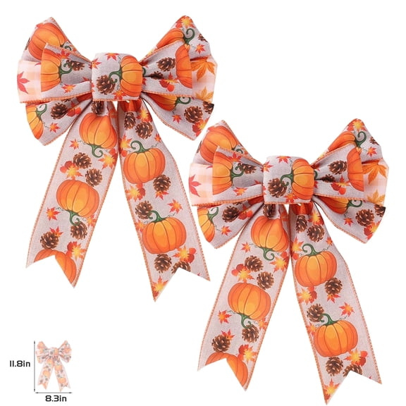 2Pcs 11.8 inch Large Fall Bows for Wreath, Thanksgiving Pumpkin Wreath Bows Orange Stripe Maple Leaf Bows for Front Door, Farmhouse Ornament Burlap Tree Topper Bows for Autumn Harvest Outdoor Deco