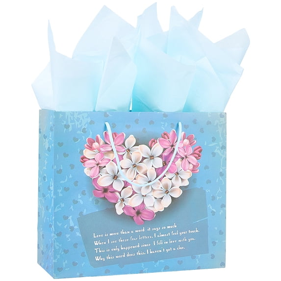 11.8 x 10.4 Inch Floral Paper Gift Bags Spring Party Bags with Handles Tissue Rectangle Printed Light Blue Heart Flower Shopping Wrap Storage Paper