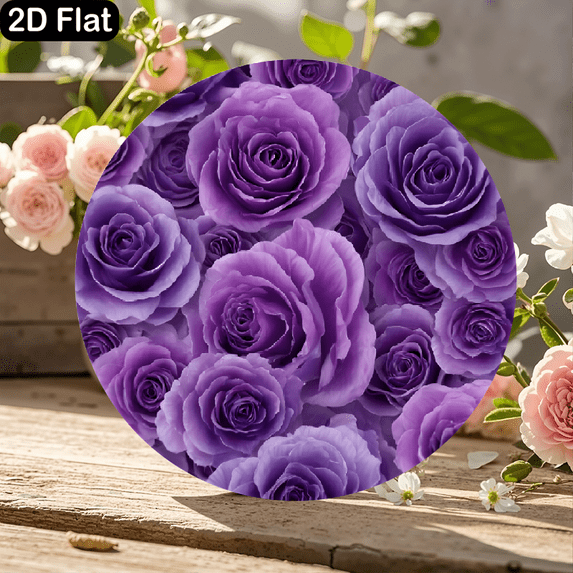 11.8 x 11.8 Inch Round Wooden Sign Featuring Lush Purple Roses on Black ...