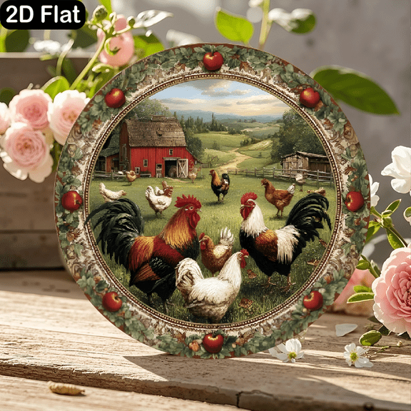 11.8 x 11.8 Inch Round Wooden Sign with Pastoral Farm Scene Featuring Red Barn, Rolling Green Hills, and Colorful Roosters in Grassy Field, Ornate Border with Apples and Floral Patterns, Rustic Count