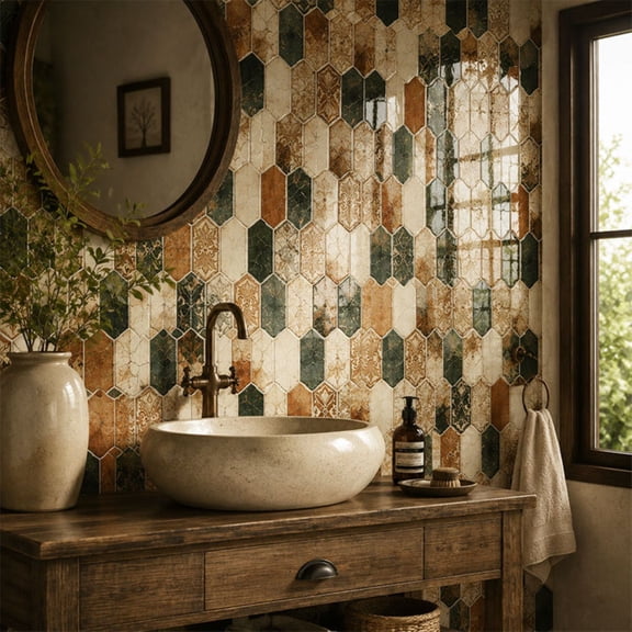 11.8" x 11.8" PVC Peel and Stick Hexagon Wall Tiles,10 Pack Vintage French Floral Waterproof Self-Adhesive 2D Wall Stickers,Decorative Tile Look for Kitchen,Bathroom and DIY Home Decor