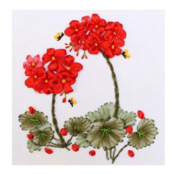 11.8 x 11.8 in. Pre-Printed Geranium Ribbon Embroidery Cross-Stitching Needlepoint Embroidery Kits for Adults, Red