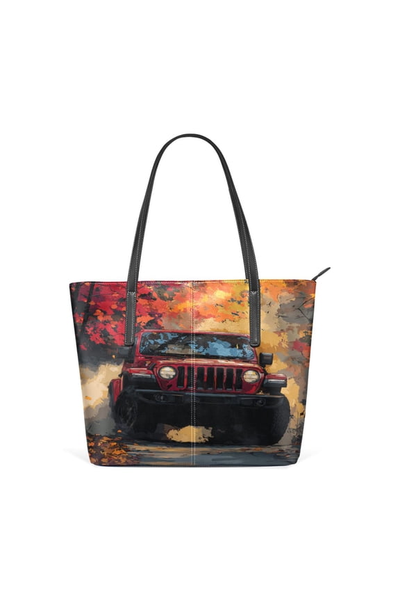 11.8" x 11" Women's Aesthetic Leather Tote Bag, Zipper Closure Travel Shoulder Bag with Compartments, Ladies Purses Handbag Autumn Trail Red Off-road Jeep