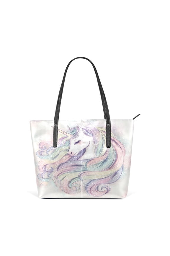 11.8" x 11" Women's Aesthetic Leather Tote Bag, Zipper Closure Travel Shoulder Bag with Compartments, Ladies Purses Handbag Ethereal Unicorn Rainbow Mane