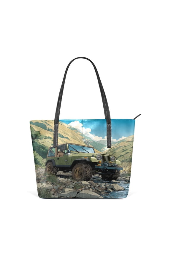 11.8" x 11" Women's Aesthetic Leather Tote Bag, Zipper Closure Travel Shoulder Bag with Compartments, Ladies Purses Handbag Mountain Stream Jeep Adventure