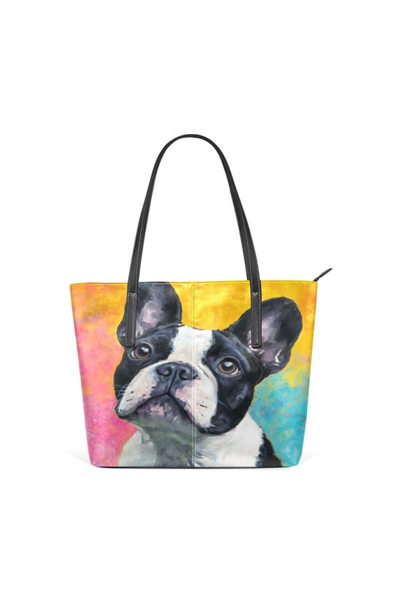 11.8" x 11" Women's Aesthetic Leather Tote Bag, Zipper Closure Travel Shoulder Bag with Compartments, Ladies Purses Handbag Rainbow French Bulldog Canvas