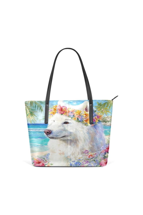 11.8" x 11" Women's Aesthetic Leather Tote Bag, Zipper Closure Travel Shoulder Bag with Compartments, Ladies Purses Handbag Samoyed Dog Wearing Floral Wreaths
