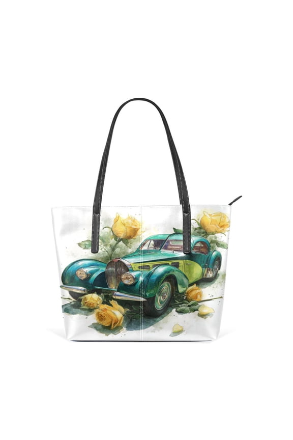 11.8" x 11" Women's Aesthetic Leather Tote Bag, Zipper Closure Travel Shoulder Bag with Compartments, Ladies Purses Handbag Vintage Bugatti Yellow Roses