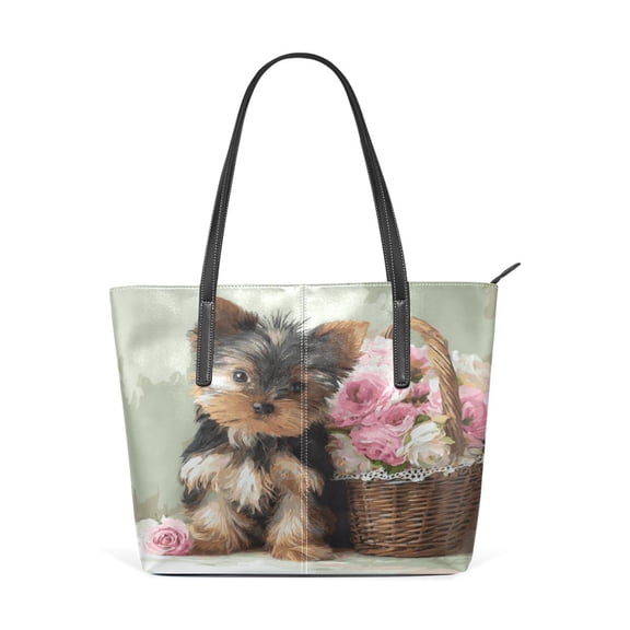 11.8" x 11" Women's Aesthetic Leather Tote Bag, Zipper Closure Travel Shoulder Bag with Compartments, Ladies Purses Handbag Yorkshire Terrier and Flower Basket