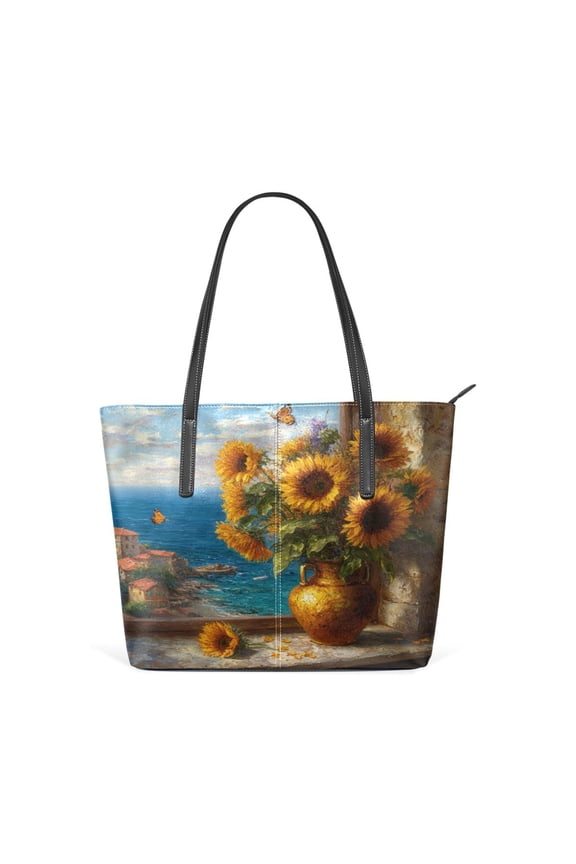 11.8" x 11" Women's Aesthetic Leather Tote Bag, Zipper Closure Travel Shoulder Bag with Compartments, Ladies Purses Handbag Coastal Sunflower Bouquet