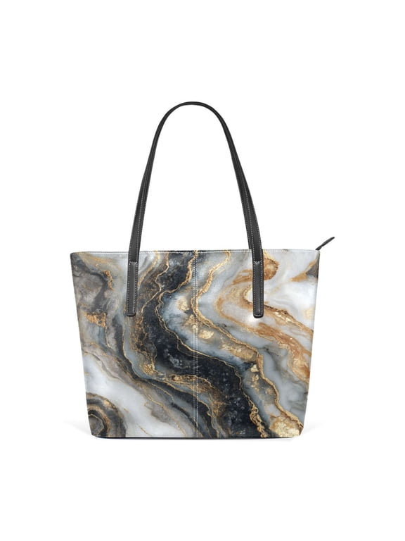 11.8" x 11" Women's Aesthetic Leather Tote Bag, Zipper Closure Travel Shoulder Bag with Compartments, Ladies Purses Handbag Onyx Gilded Marble