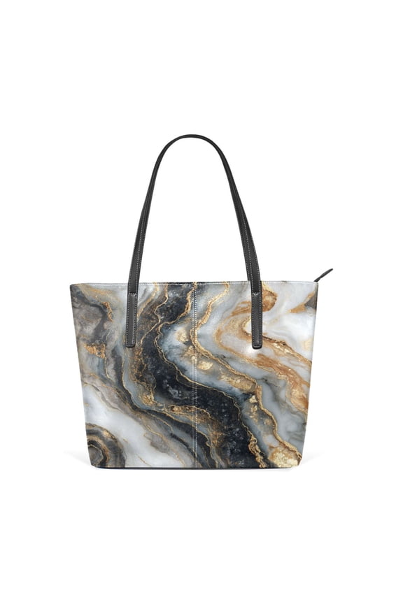 11.8" x 11" Women's Aesthetic Leather Tote Bag, Zipper Closure Travel Shoulder Bag with Compartments, Ladies Purses Handbag Onyx Gilded Marble
