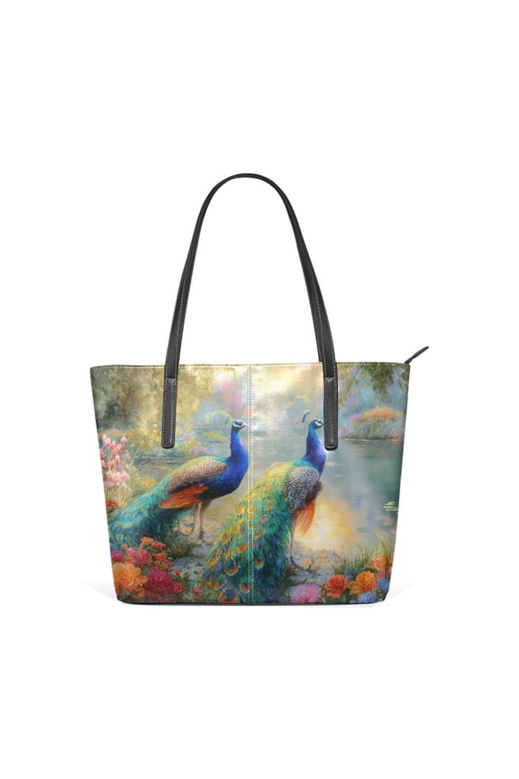11.8" x 11" Women's Aesthetic Leather Tote Bag, Zipper Closure Travel Shoulder Bag with Compartments, Ladies Purses Handbag Peacocks in Wonderland