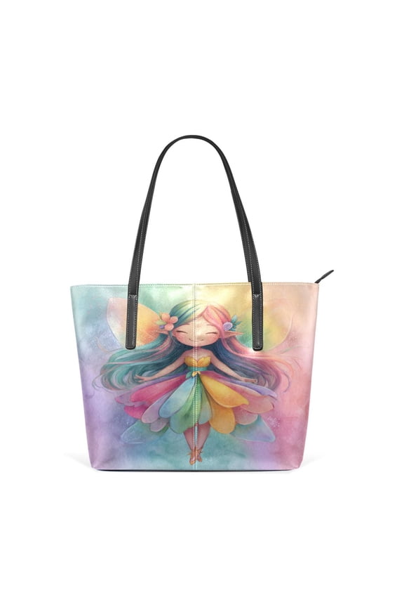 11.8" x 11" Women's Aesthetic Leather Tote Bag, Zipper Closure Travel Shoulder Bag with Compartments, Ladies Purses Handbag Rainbow Winged Fairy