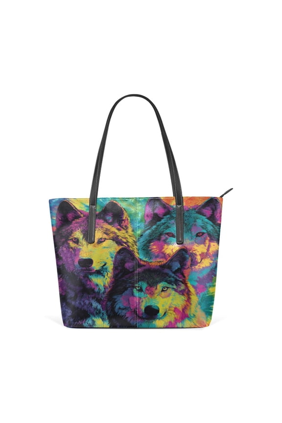 11.8" x 11" Women's Aesthetic Leather Tote Bag, Zipper Closure Travel Shoulder Bag with Compartments, Ladies Purses Handbag Vibrant Wolf Tie-dye