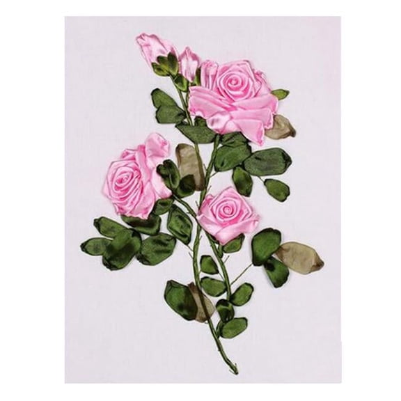 11.8 x 15.7 in. DIY Floral Ribbon Embroidery Beginner Rose Cross Stitch for Art Craft Handy Sewing Decoration, Pink