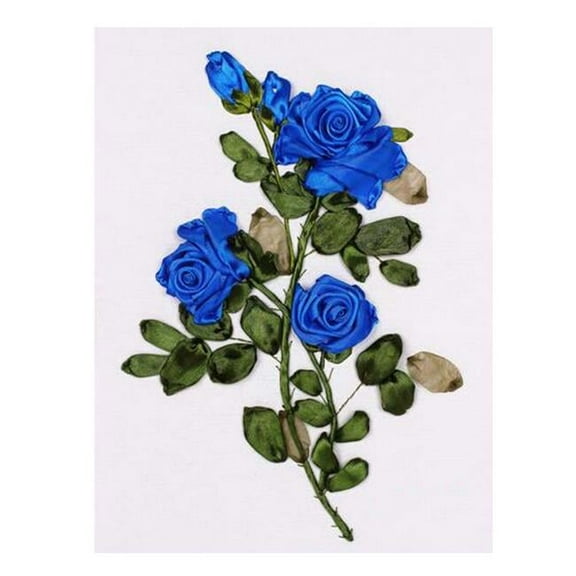 11.8 x 15.7 in. Embroidery Beginner DIY Floral Ribbon Embroidery Kit Rose Cross Stitch Kits for Sewing Decoration, Blue