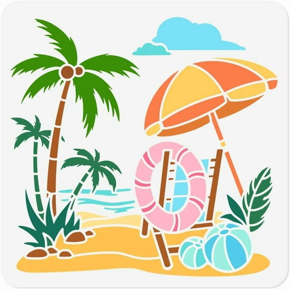 11.8"x11.8" Beach Chair Tropical Wall Stencil Templates Coconut Tree Reusable Plastic Stencils for Painting on Wood Floor Tile Fabric Glass Furniture Summer Holiday DIY Home Decor Template
