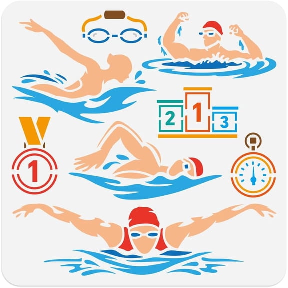 11.8"x11.8" Swimmer Swimming Wall Stencil Templates Water Sports Reusable Plastic Stencils for Painting on Wood Floor Tile Fabric Glass Furniture Exercise DIY Home Decor Template for DIY