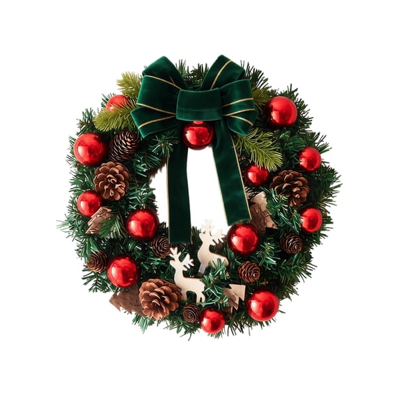 11.81" Christmas Wreath with Green Velvet Bow, Red Baubles & Pinecones, Pre-Decorated Artificial Pine Wreath with White Reindeer for Front Door Wall Decor