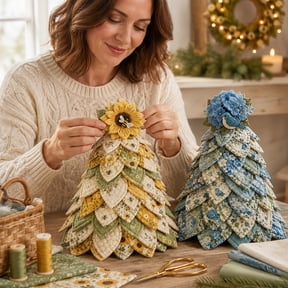 11.81" DIY Patchwork Christmas Tree Sewing Kit, Floral Fabric Tabletop Tree Craft Set, Farmhouse Style Desktop Ornament Handcraft Kit for Adult Beginners