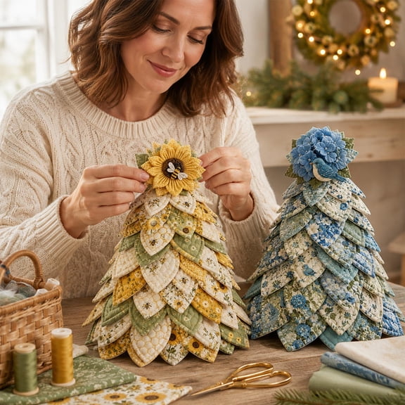 11.81" DIY Patchwork Christmas Tree Sewing Kit, Floral Fabric Tabletop Tree Craft Set, Farmhouse Style Desktop Ornament Handcraft Kit for Adult Beginners