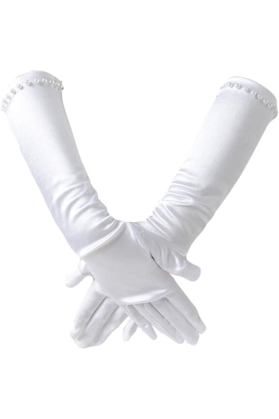 11.81" Flower Girl Pearl Long Satin Gloves Communion Birthday Wedding Glovesfor 6-10yrs