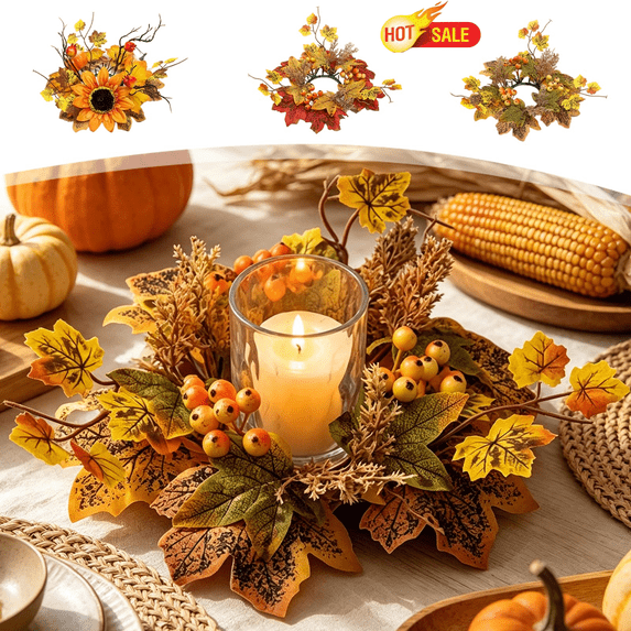11.81 Inch Artificial Fall Candle Ring Wreath, Maple Leaf Berry Sunflower Pumpkin Candle Holder Garland For Farmhouse Table Centerpiece Mantel Indoor Thanksgiving Harvest Autumn Seasonal Home Decor