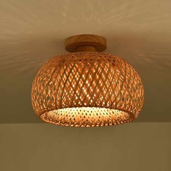11.81 Inch Bamboo Ceiling Light, Double Layer Hand-Woven Wicker Flush Mount Light Fixture with Enlarged Safety Base, Antique Boho Farmhouse Ceiling Lamp for Bedroom Hallway Kitchen