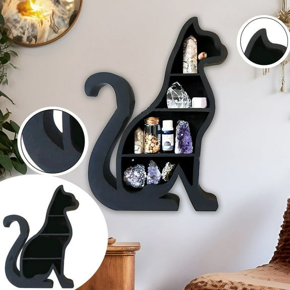11.81 Inch Cat Shaped Wooden Display Shelf Wall Mounted Tiered Storage Rack, Cute Animal Shadow Box Organizer for Stone Essential Oil Decor
