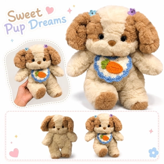11.81 Inch Floppy Ear Patch Puppy Stuffed Animal, Crochet Carrot Bib Plush Dog Toy with Flower Hair Clips for Gift & Home Decor