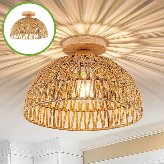11.81 Inch Khaki Handwoven Rattan Ceiling Lamp Boho Style Light Fixture for Bedroom Living Room Study (Bulb Not Included)