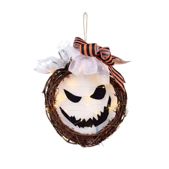 Light up Halloween Ghost Face Wreath for Front Door, Grapevine with Bow Spooky Face Decoration with Warm LED, Orange Mesh & Ribbons, 11.81" , 1Count, by BRRZK