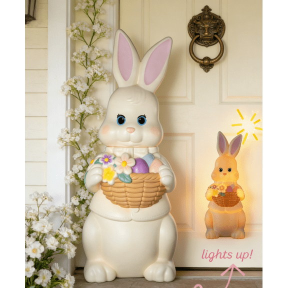 11.81" Lighted Easter Bunny Blow Mold – Pre‑Lit White Rabbit Figurine with Egg Basket, Vintage Nostalgic Design, Durable Outdoor Indoor Accent for Porch, Garden & Yard Spring Decor