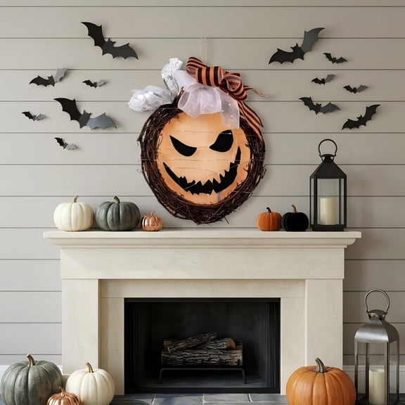11.81" Lighted Ghost Face Halloween Wreath with Bow, Grapevine Scary Face Decor with Warm LEDs, Orange Mesh & Ribbons for Front Door, Mantel & Haunted House