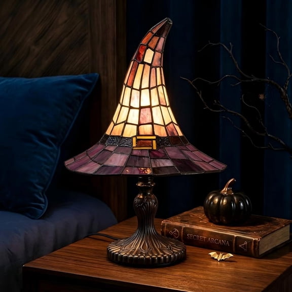 11.81" Stained Glass Style Witch Hat Lamp - USB Powered Gothic Night Light, Retro Wizard Accent Desk Lamp for Halloween Decor, Wiccan Bedroom & Bookshelf Display