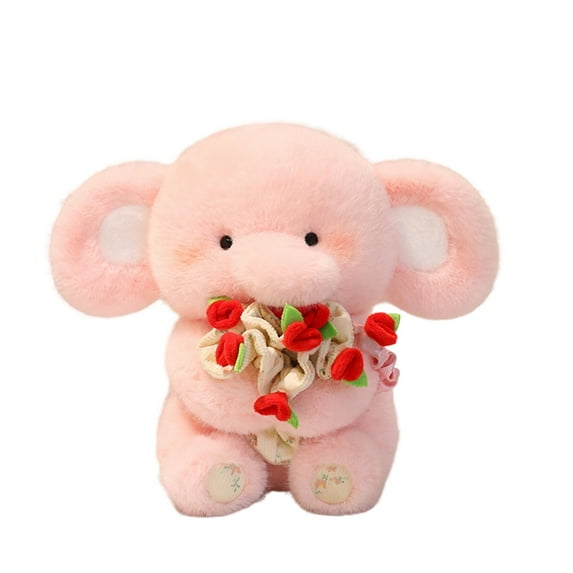 11.81Inch Valentines Pink Elephant Holding Rose Bouquet Stuffed Animals Plush Toys, Kawaii Soft Plush Doll for Her/Girlfriend Lover Mom Teens Valentines Day Christmas Anniversary Gifts