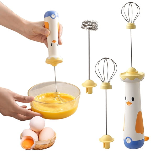 11.81in Cute Duck Cordless Rechargeable Milk Frother, Handheld Egg Beater Mixer with 2 Stainless Whisks for Coffee Latte Cake Baking, Portable Kitchen Gadget for Drawer Storage Folder